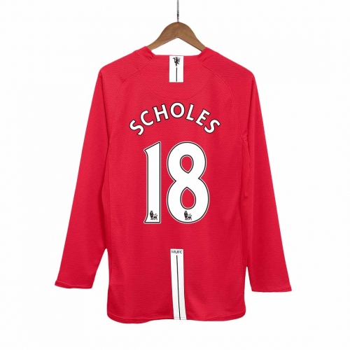 Manchester United SCHOLES #18 Home Soccer Jersey Retro 2007/08 - Long Sleeve